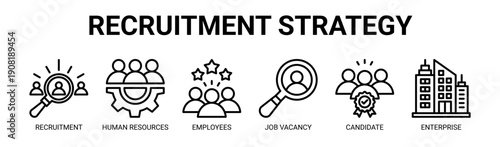 Recruitment Strategy web banner icon vector illustration concept with icon of recruitment, human resources, employees, job vacancy, candidate, and enterprise.