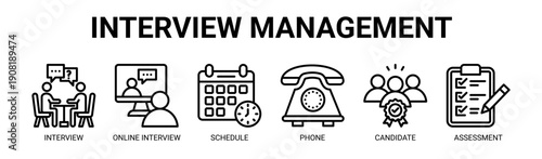 Interview Management web banner icon vector illustration concept with icon of interview, online interview, schedule, phone, candidate, and assessment.