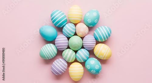 Decorated easter eggs arranged on pink surface holiday season celebration