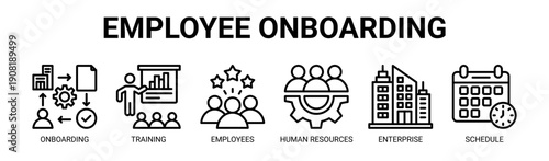 Employee Onboarding web banner icon vector illustration concept with icon of onboarding, training, employees, human resources, enterprise, and schedule.