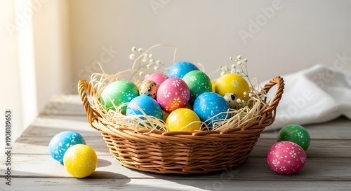 Decorated easter eggs in a woven basket on a wooden table sunlight