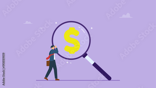 Businessman looking through magnifying glass to see dollar money sign. Searching for money or investment opportunity concept.