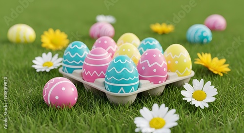 Decorated easter eggs in carton and flowers on green grass transparent background
