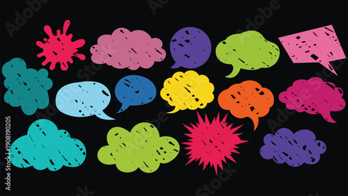 Colorful Hand Drawn Speech Bubble Shapes Set with Rough Texture Comic Doodle Vector Elements on Dark Background