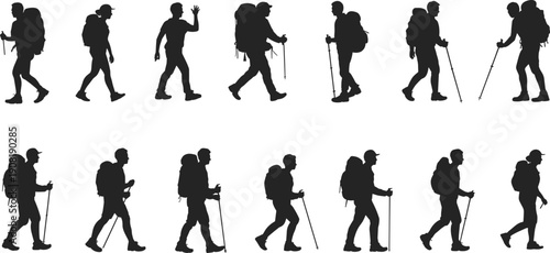 Black silhouette of hikers walking with backpacks and trekking poles, men and women mountain climbers on a trekking adventure trip, isolated on white background.