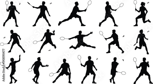 Black silhouette of professional badminton players in various action poses, jumping, smashing, and serving, isolated on a white background, vector. (21 words)