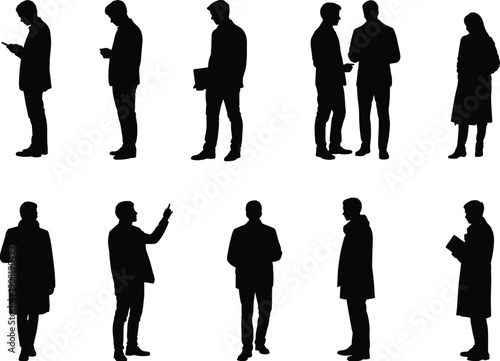 Black silhouette of professional business people walking and standing while using smartphones, businessmen and women in formal suits communicating, isolated on white background.