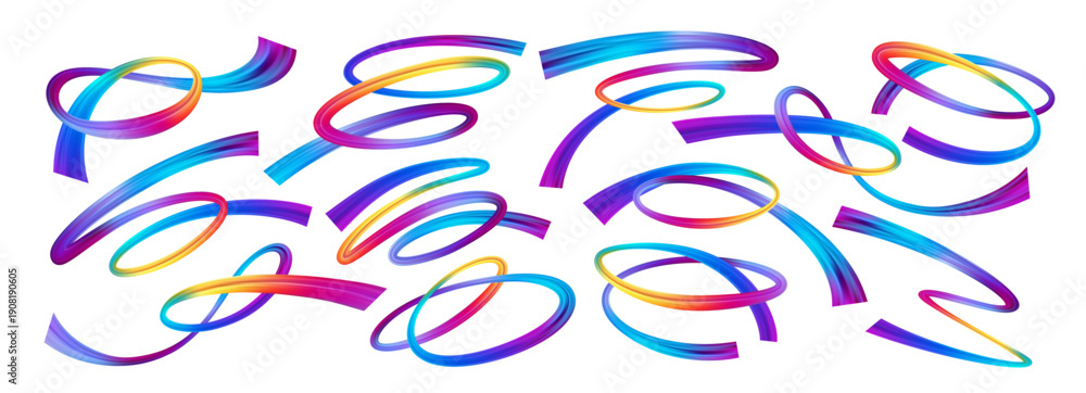 Fototapeta premium Rainbow gradient flow set isolated on white background. Colorful wave ribbons with dynamic brush strokes create modern abstract design elements perfect for posters