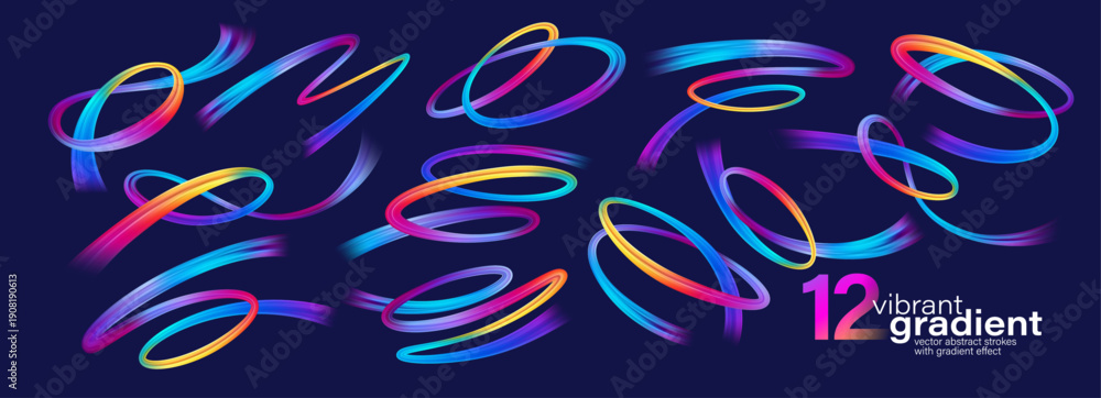 Obraz premium Colorful abstract brush strokes flow in dynamic spirals. Modern graphic set features vibrant swirls, fluid curves, and artistic patterns perfect for creative posters and backgrounds