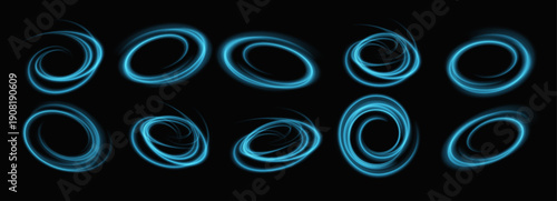 Blue light rings with luminous glow effects spiral elegantly, forming mesmerizing neon trails and energy beams ideal for futuristic tech presentations