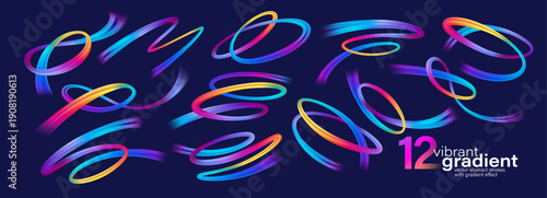 Colorful abstract brush strokes flow in dynamic spirals. Modern graphic set f...