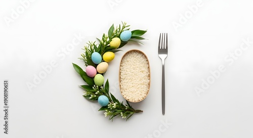 Easter eggs and rice in a wood bowl with fork and leaves flat lay design