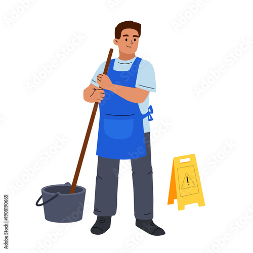 Cleaning service worker mopping the floor with bucket and caution wet floor sign. Professional janitor character in uniform.