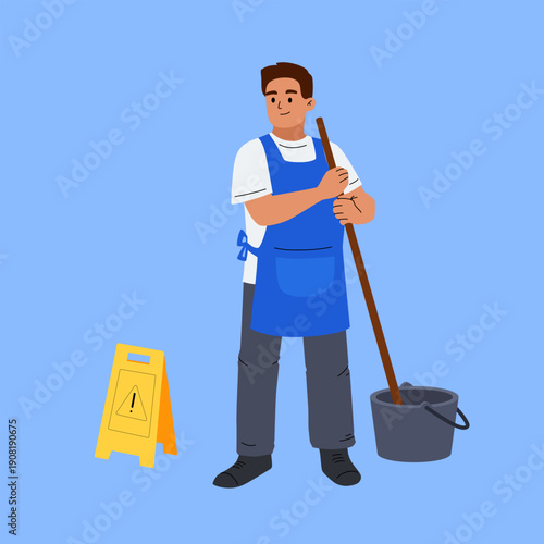 Cleaning service worker mopping the floor with bucket and caution wet floor sign. Professional janitor character in uniform.