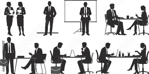 Business people silhouettes set including office workers, corporate professional meetings, presentation with whiteboard, managers at desks, and teamwork for professional projects