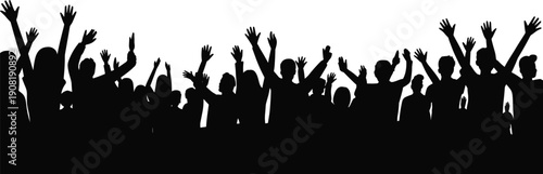 Crowd silhouette with raised hands, celebrating unity, freedom, teamwork, success, social movement, concert audience, community support, public event background