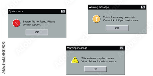 System Error Alerts: An illustration showcases three system error messages, each conveying different warnings. 