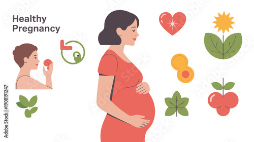Healthy pregnancy concept with woman and icons representing nutrition and care