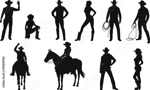 Western cowboy and cowgirl silhouettes set featuring riders horses rope lasso poses isolated on white background western ranch rodeo lifestyle