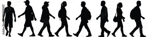 Full length black silhouette of diverse people walking and standing in casual clothes with backpacks, group of men and women traveling and commuting isolated on white background.