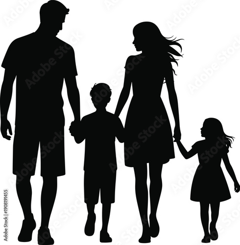 Full length black silhouette of happy family walking and holding hands with two children isolated on white background for lifestyle concepts