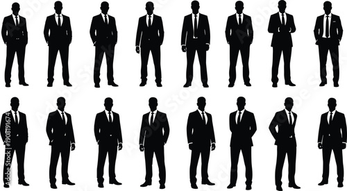 Full length black silhouette of professional businessman in formal suit and tie standing in various poses, group of male executives isolated on white background,