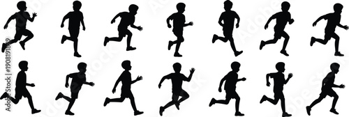 Full length black silhouette of young boys running in various active poses, group of children sprinting and playing, isolated on white background,