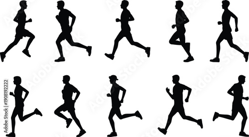 Large collection of diverse silhouettes featuring walking business professionals, active joggers running, and people with families carrying backpacks, isolated icons.