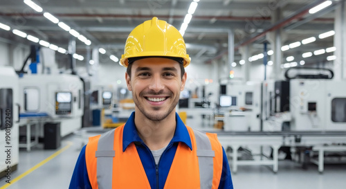 Smiling industrial worker in safety gear standing in a modern factory.
