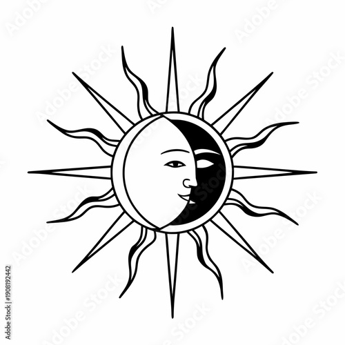 A minimalist vector graphic illustration of a sun with a face, symbolizing the duality of day and night.
