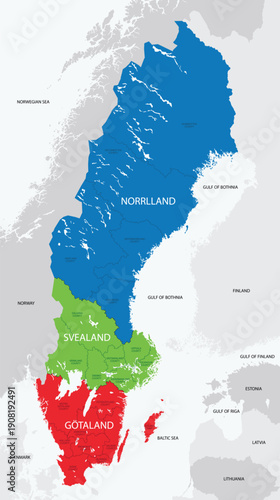 Sweden Regional Map with Traditional and Geographic Divisions