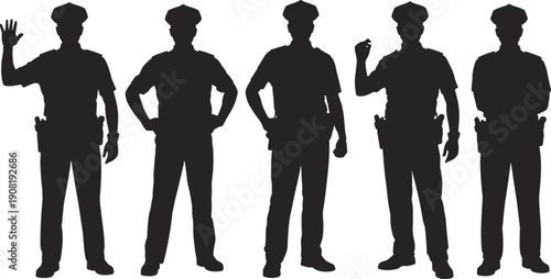 Police officer silhouettes set featuring law enforcement men in uniform and caps standing in authoritative poses isolated on white background
