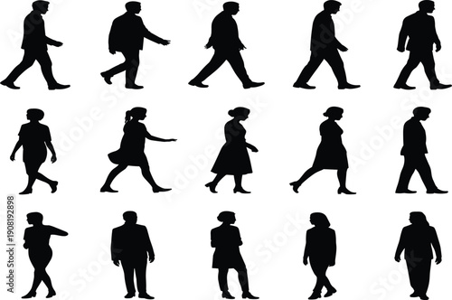 Walking people silhouettes set, men women human figures, side view motion poses, black icons isolated on white background