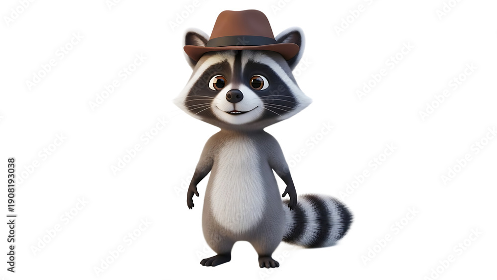 Obraz premium A cartoon raccoon wearing a brown cowboy hat stands on a plain background