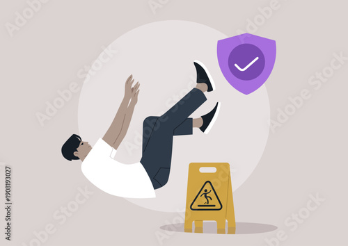 A character tumbles unexpectedly, illustrating the theme of liability insurance, A caution sign suggests potential danger, emphasizing the importance of safety