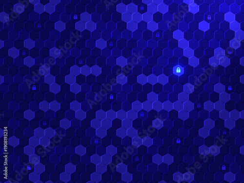 Professional deep blue hexagon data shield with lock symbol, corporate network security and privacy concept.