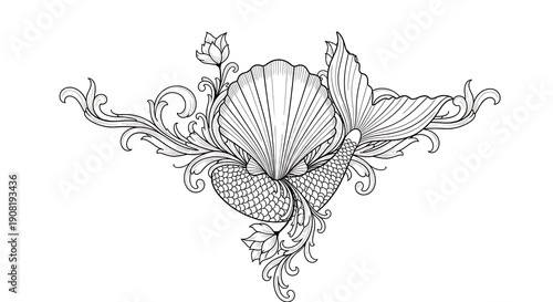 Elegant Mermaid Tail and Seashell with Ornate Floral Swirls Line Art.