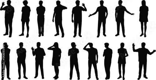 Set of black silhouettes of people in various poses, men and women standing, waving, gesturing, and communicating for diverse design projects.