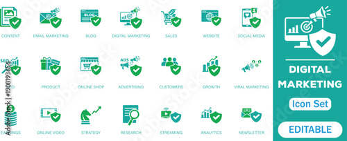 Digital marketing icon set. Containing seo, content, website, social media, sales and online advertising. Solid vector symbol collection.



