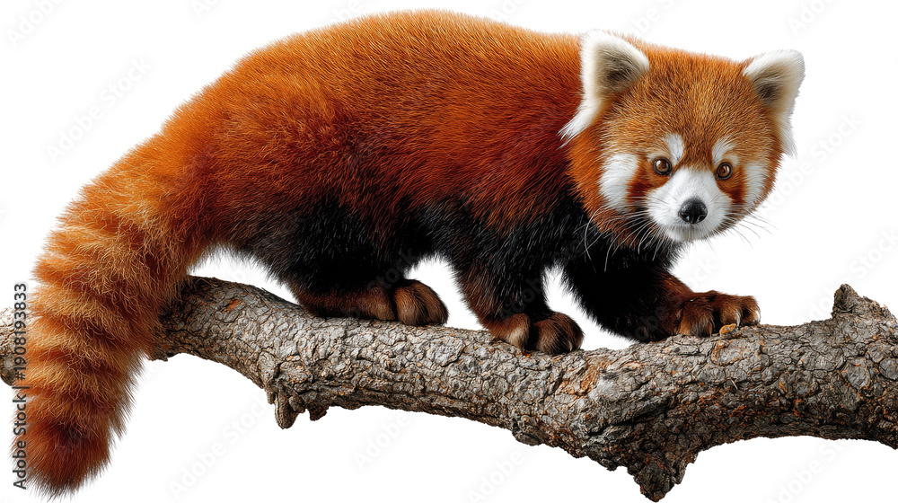 Obraz premium Red Panda on Branch: An adorable red panda, with its vibrant auburn fur and playful gaze, perches gracefully on a sturdy tree branch. A testament to nature's beauty and the allure of the wilderness.