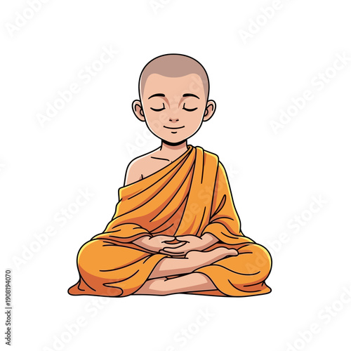 Cartoon Buddhist Monk Meditating in Lotus Pose, Orange Robe, Serene Expression