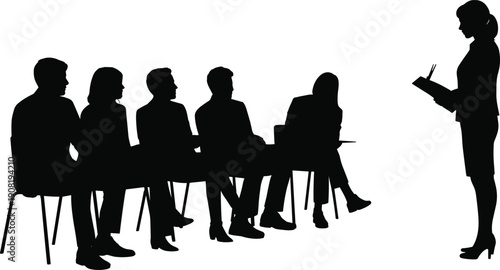 Silhouette of businesswoman standing with clipboard facing five seated people, corporate meeting presentation, training seminar and interview set.