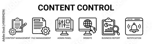 Content Control web banner icon vector illustration concept with icon of content management, file management, admin panel, website dashboard, business report, and notification.