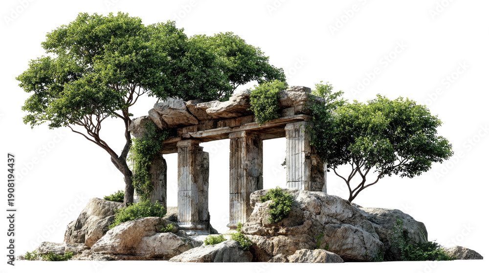 Obraz premium Ancient Ruin Embraced by Nature: A weathered, ancient stone structure, once a testament to human endeavor, is now delicately embraced by the patient hands of nature.