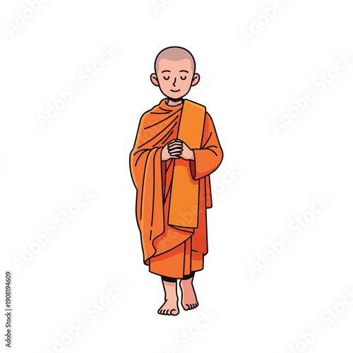 Buddhist Monk Praying with Clasped Hands, Orange Robes, Serene Expression