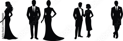 Silhouettes of elegant couples and individuals wearing formal evening suits and wedding gowns, luxury fashion party collection set.