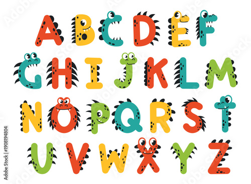 Dinosaur themed alphabet set in colorful vector style. Each letter features cute prehistoric creatures and friendly designs. Perfect for kids' education, nursery decor, and learning materials