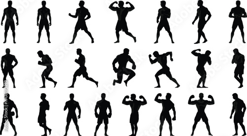 Vector collection of bodybuilder silhouettes, muscular male fitness models posing, gym workout athletes, bodybuilding competition poses, isolated on white background.