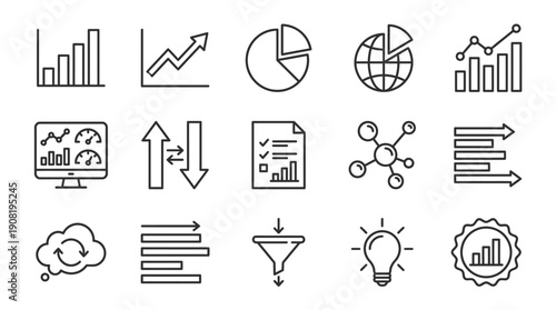 Collection of essential business and data analytics icons including graphs, charts, clocks, and innovation symbols for presentations and reports