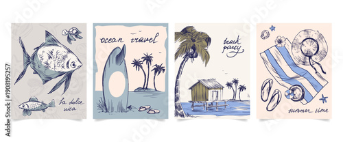 Vintage sketch beach postcards set with palm trees, striped towel, hut and surfboard. Vector illustration of tropical sea coast, summer paradise posters with retro hand drawn landscapes, t-shirt print